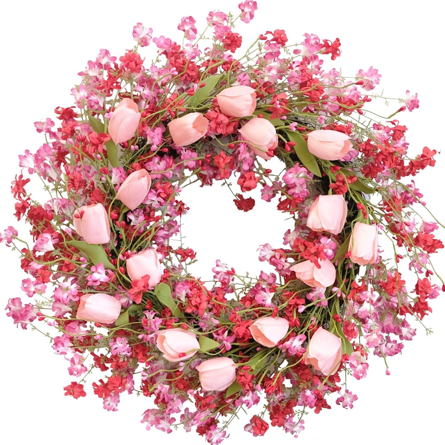 Valentine Day Pink Tulip Wreath, Pink Red Forsythia Berries, Artificial Flower Wreath for Front Door, Indoor Outdoor, Anniversary Wedding Decor