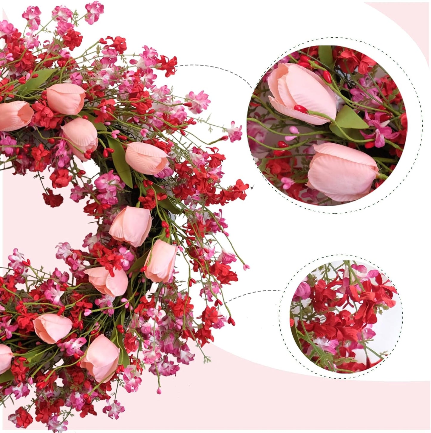 Valentine Day Pink Tulip Wreath, Pink Red Forsythia Berries, Artificial Flower Wreath for Front Door, Indoor Outdoor, Anniversary Wedding Decor