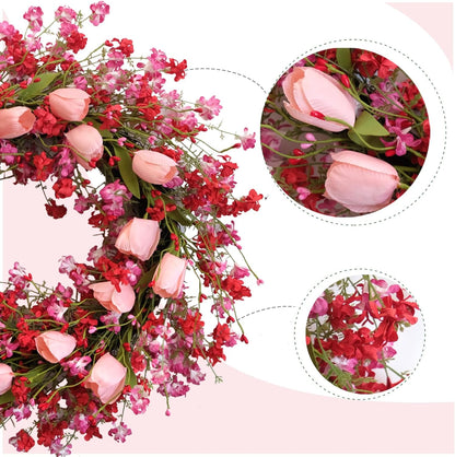 Valentine Day Pink Tulip Wreath, Pink Red Forsythia Berries, Artificial Flower Wreath for Front Door, Indoor Outdoor, Anniversary Wedding Decor