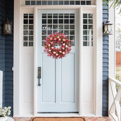 Valentine Day Pink Tulip Wreath, Pink Red Forsythia Berries, Artificial Flower Wreath for Front Door, Indoor Outdoor, Anniversary Wedding Decor