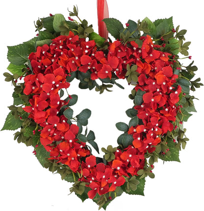 18 Inch Valentine’s Day Heart Wreath for Front Door with Red Hydrangea Flowers, Red Valentines Flower Wreath for Indoor Outdoor, Heart Shaped Wreath for Doors Windows Walls