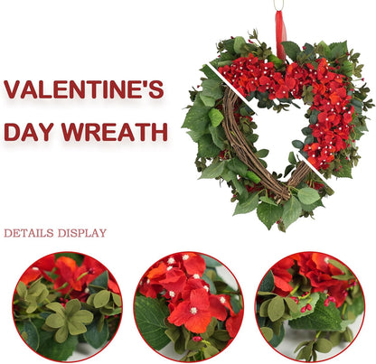 18 Inch Valentine’s Day Heart Wreath for Front Door with Red Hydrangea Flowers, Red Valentines Flower Wreath for Indoor Outdoor, Heart Shaped Wreath for Doors Windows Walls