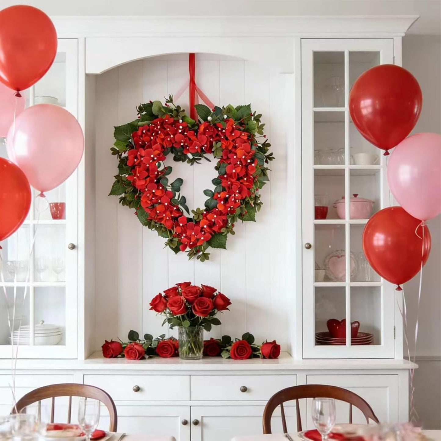 18 Inch Valentine’s Day Heart Wreath for Front Door with Red Hydrangea Flowers, Red Valentines Flower Wreath for Indoor Outdoor, Heart Shaped Wreath for Doors Windows Walls