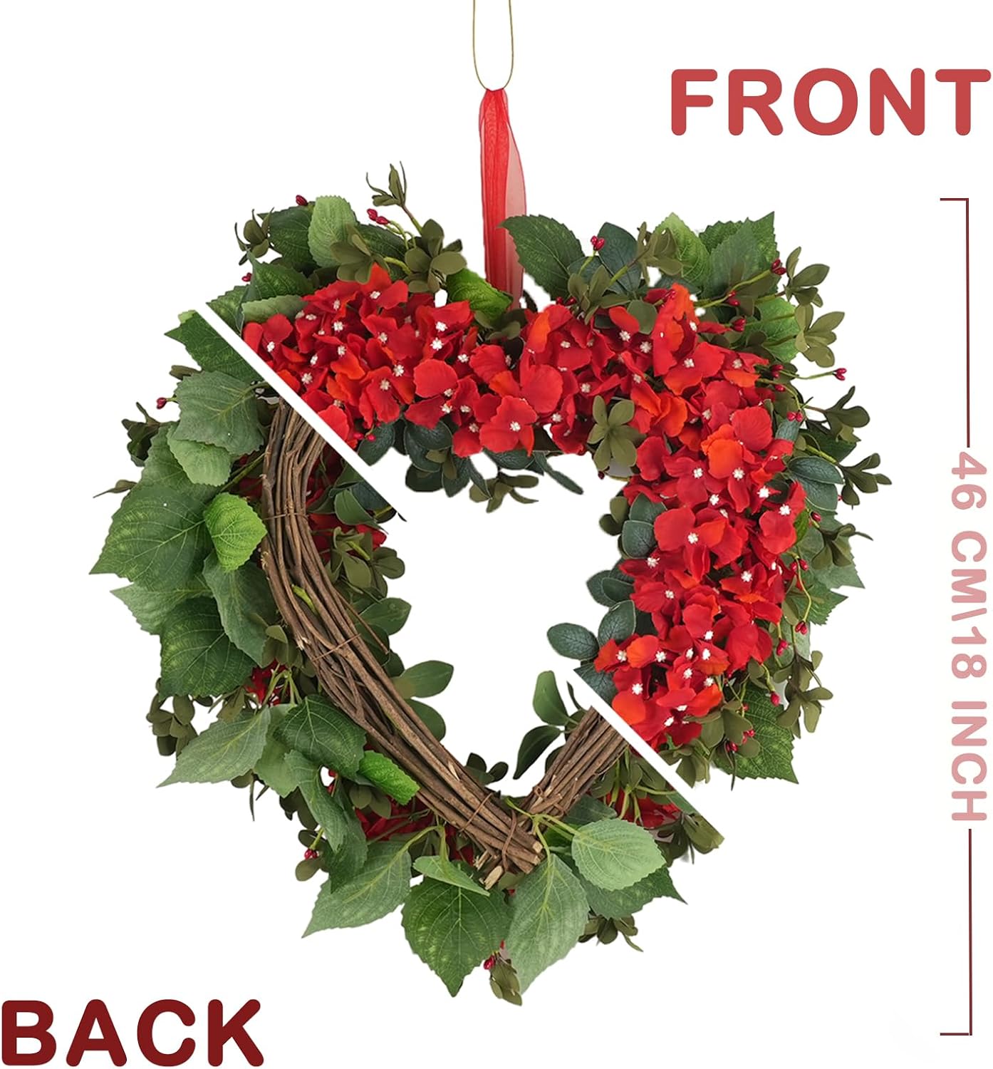 18 Inch Valentine’s Day Heart Wreath for Front Door with Red Hydrangea Flowers, Red Valentines Flower Wreath for Indoor Outdoor, Heart Shaped Wreath for Doors Windows Walls