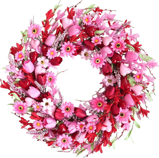 24 Inch Spring Valentine’s Day Flower Wreath for Front Door, Pink Heart Forsythia Flower Wreath for Indoor Outdoor Home Decor, Valentine Wedding Heart Floral Wreaths for Doors Windows, Walls