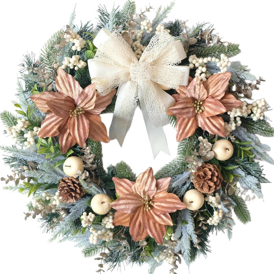 24 Inch Winter Christmas Pink Poinsettia Flower Wreath for Front Door, Winter XMAS Wreath with Lace Bow White Berries Apples for Indoor Outdoor, Rustic Farmhouse Christmas Wreath for Home Decor