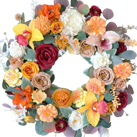 Penoy Orchid Flower Wreath for Front Door, Eucalyptus Leaves Wreath with Artificial Floral for Indoor Outdoor, Spring Summer Wreath for Home Decor