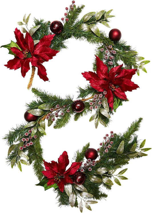 6 Ft Christmas Poinsettia Flower Garland for Door Mantle Fireplace, Winter Xmas Pine Garland with Balls Poinsettias Berries for Indoor Outdoor, Christmas Green Red Garlands for Home Decor