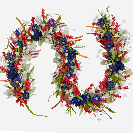 4th of July Red White Blue Flowers Lamb Ear Leaves Garland for Doors, 5.9ft Patriotic Artificial Flower Home Decor Garland for Indoor Outdoor, Independence Decoration for Home