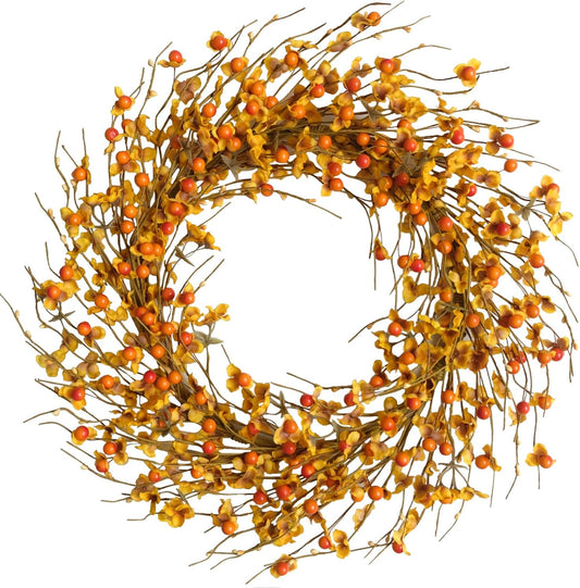 18 Inch Fall Berries Flower Wreath for Front Door, Autumn Flower Orange Berries Wreath for Indoor Outdoor, Harvest Thanksgiving Door Decor Wreaths