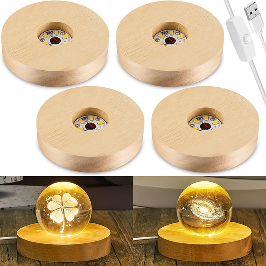 4 Pcs LED Light Base - Wooden LED Base for Crystal Wood Light Display for Glass Art Lighted Stand for 3D Glass Resin Art(Round)