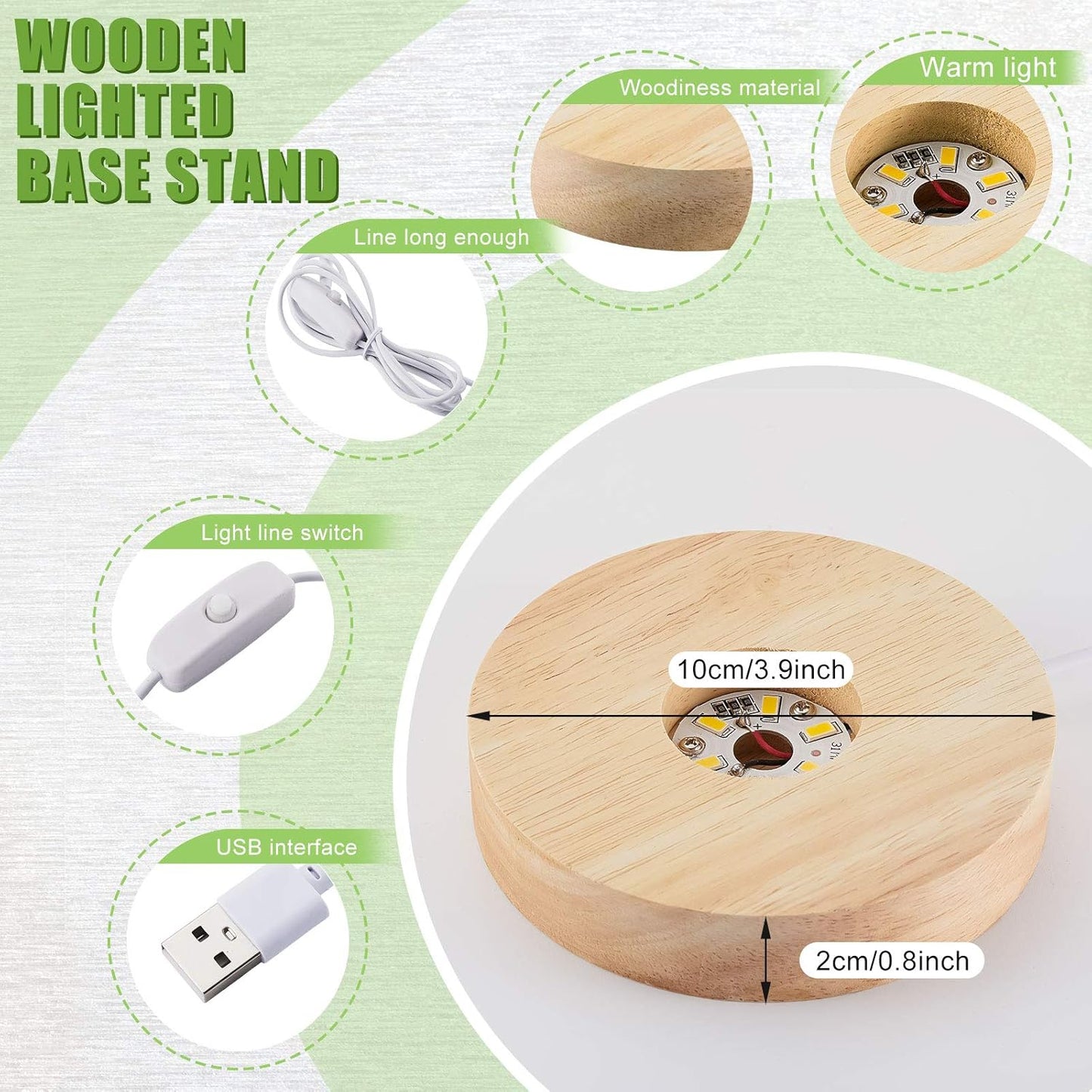 4 Pcs LED Light Base - Wooden LED Base for Crystal Wood Light Display for Glass Art Lighted Stand for 3D Glass Resin Art(Round)