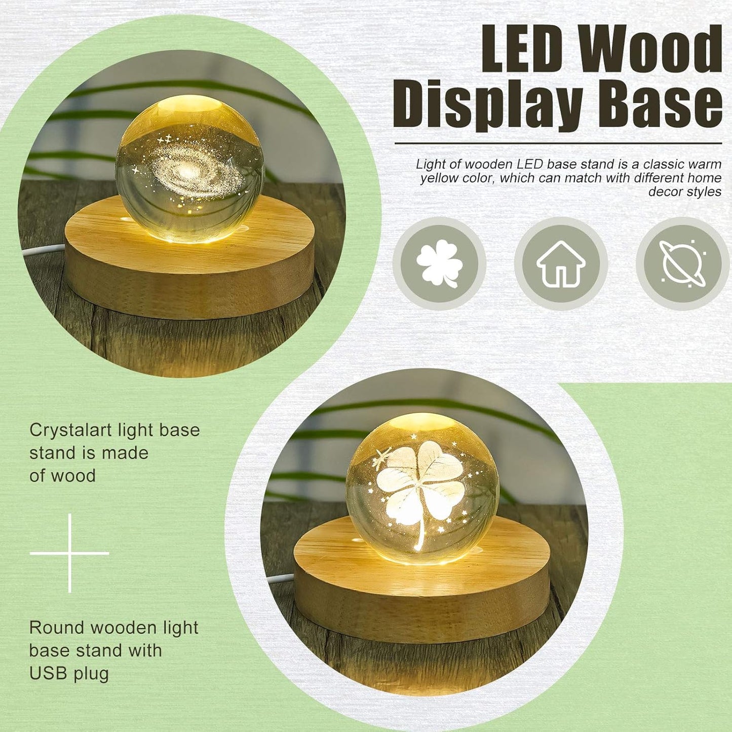 4 Pcs LED Light Base - Wooden LED Base for Crystal Wood Light Display for Glass Art Lighted Stand for 3D Glass Resin Art(Round)