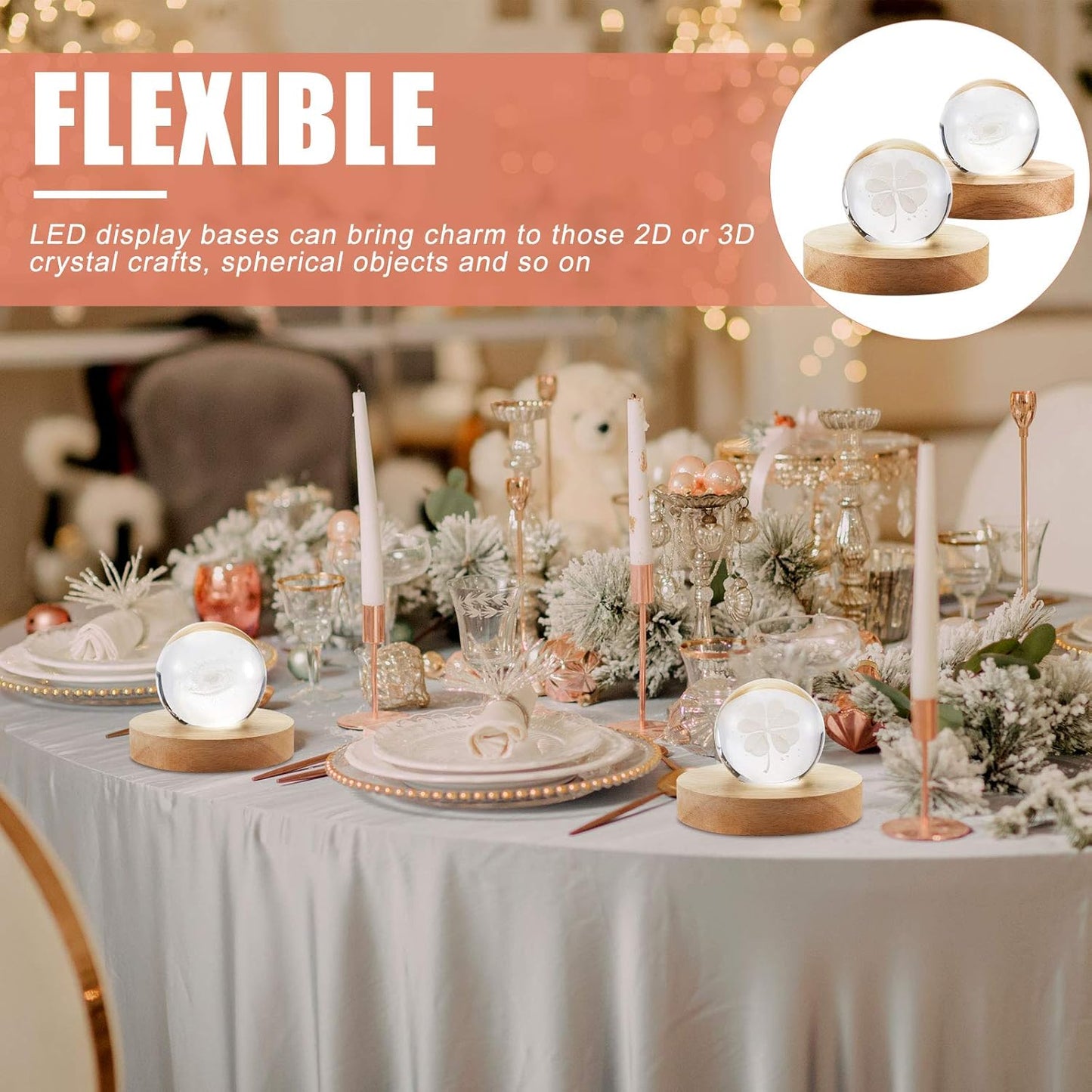 4 Pcs LED Light Base - Wooden LED Base for Crystal Wood Light Display for Glass Art Lighted Stand for 3D Glass Resin Art(Round)
