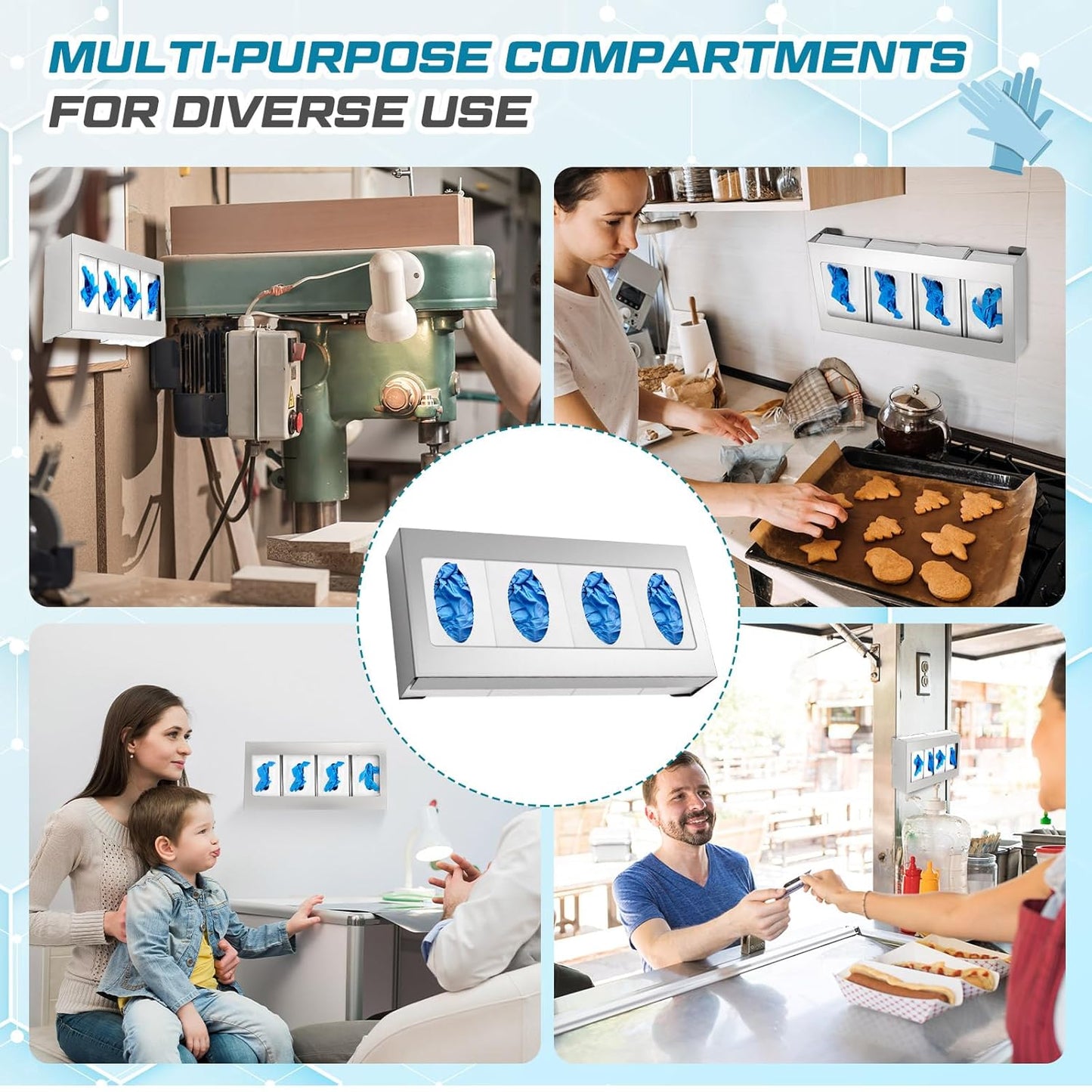 2 Pack Glove Box Holder/Dispenser Stainless Steel Quad Wall Mounted Glove Box Organizer,10"H x 21"W x 3 3/4"D