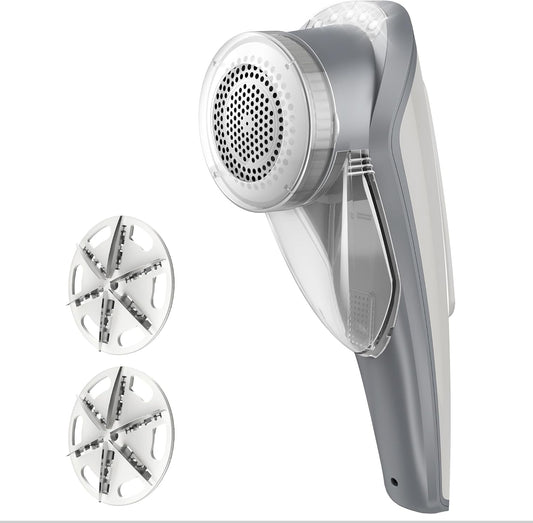 Fabric Shaver and Lint Remover with 2 Speeds, Rechargeable Electric Lint Fuzz Remover with LED Lights and 2 Replaceable 6-Leaf Blades, Cream/Gray