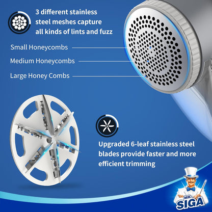 Fabric Shaver and Lint Remover with 2 Speeds, Rechargeable Electric Lint Fuzz Remover with LED Lights and 2 Replaceable 6-Leaf Blades, Cream/Gray