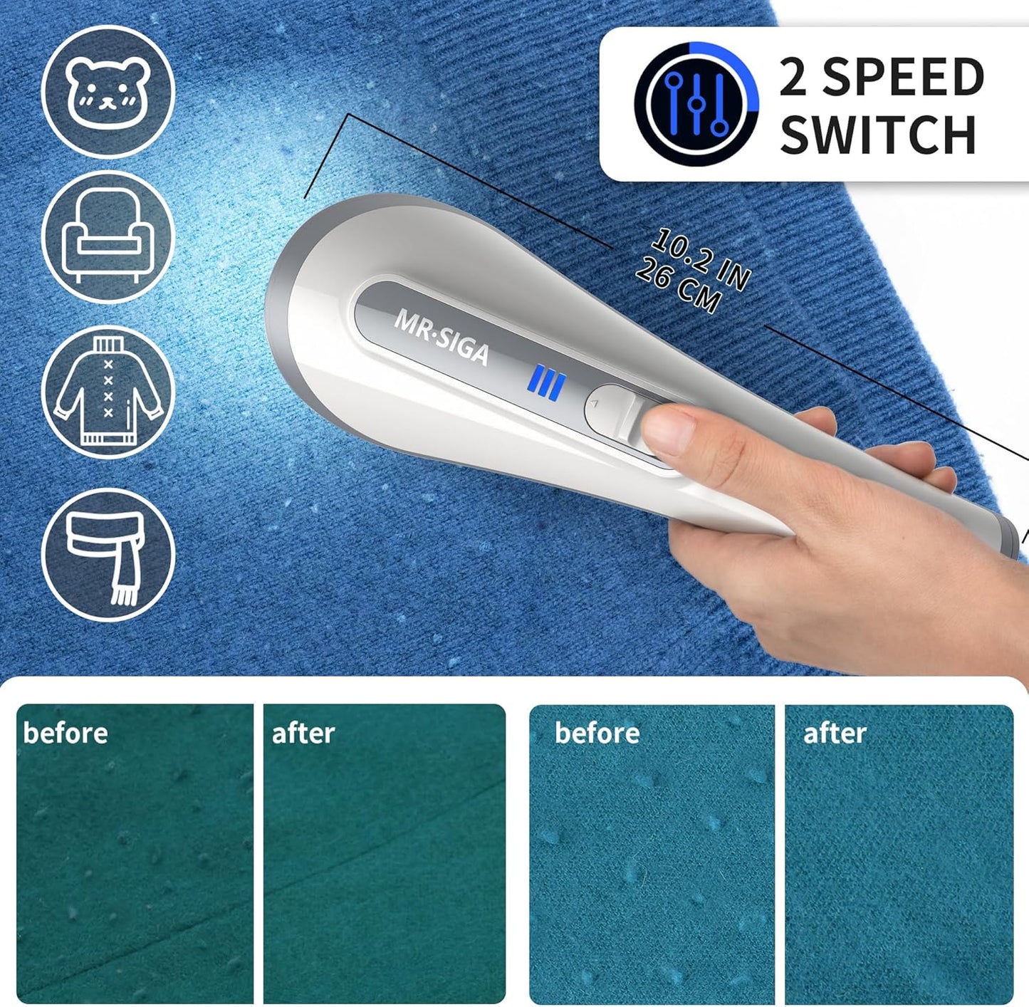 Fabric Shaver and Lint Remover with 2 Speeds, Rechargeable Electric Lint Fuzz Remover with LED Lights and 2 Replaceable 6-Leaf Blades, Cream/Gray