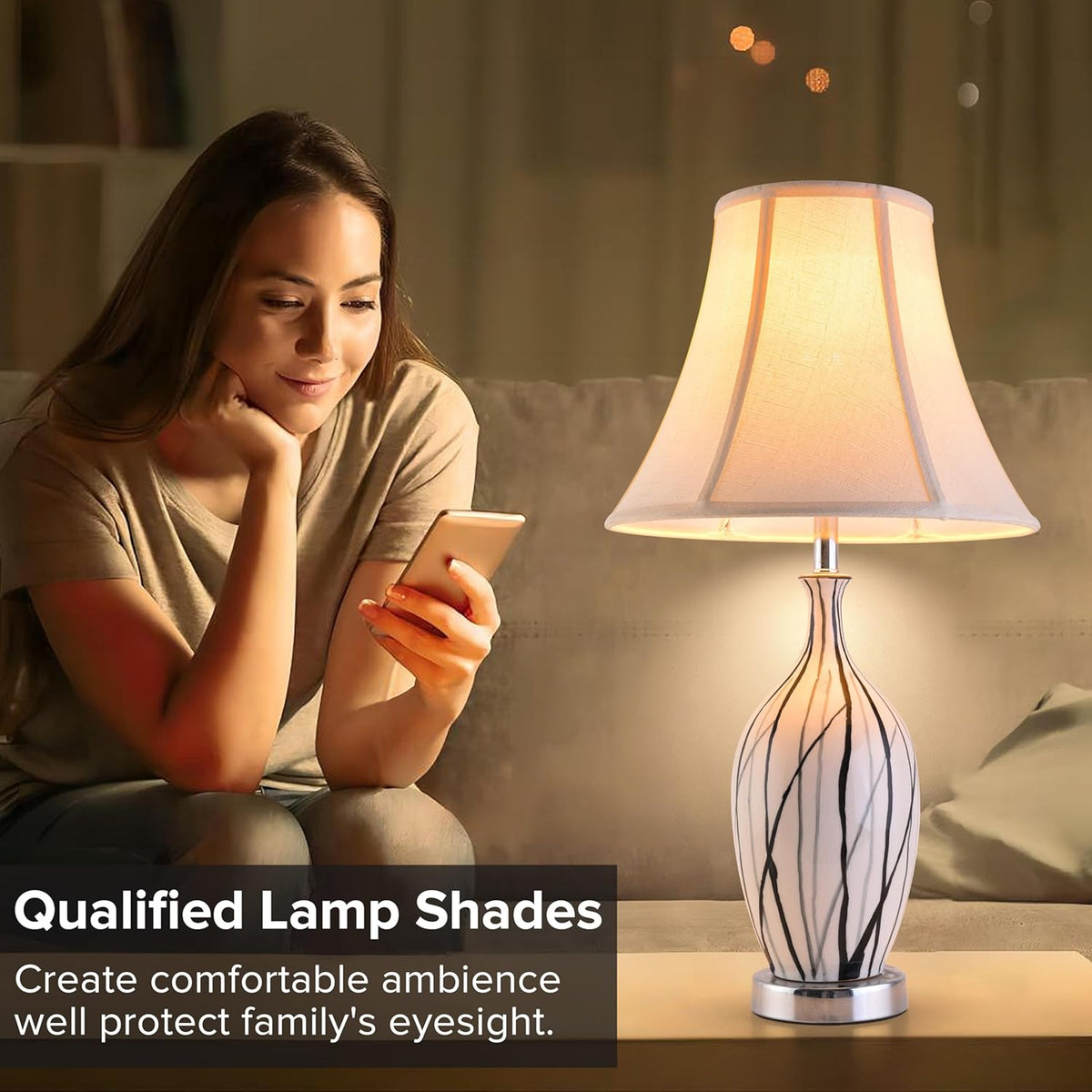 Creme White Bell Lamp Shades Set of 2 Medium Shade 6.7``Top x 13``Bottom x 10``High(Spider) Traditional Lampshade for Table & Bedside Lamp - Replacement Lampshades By