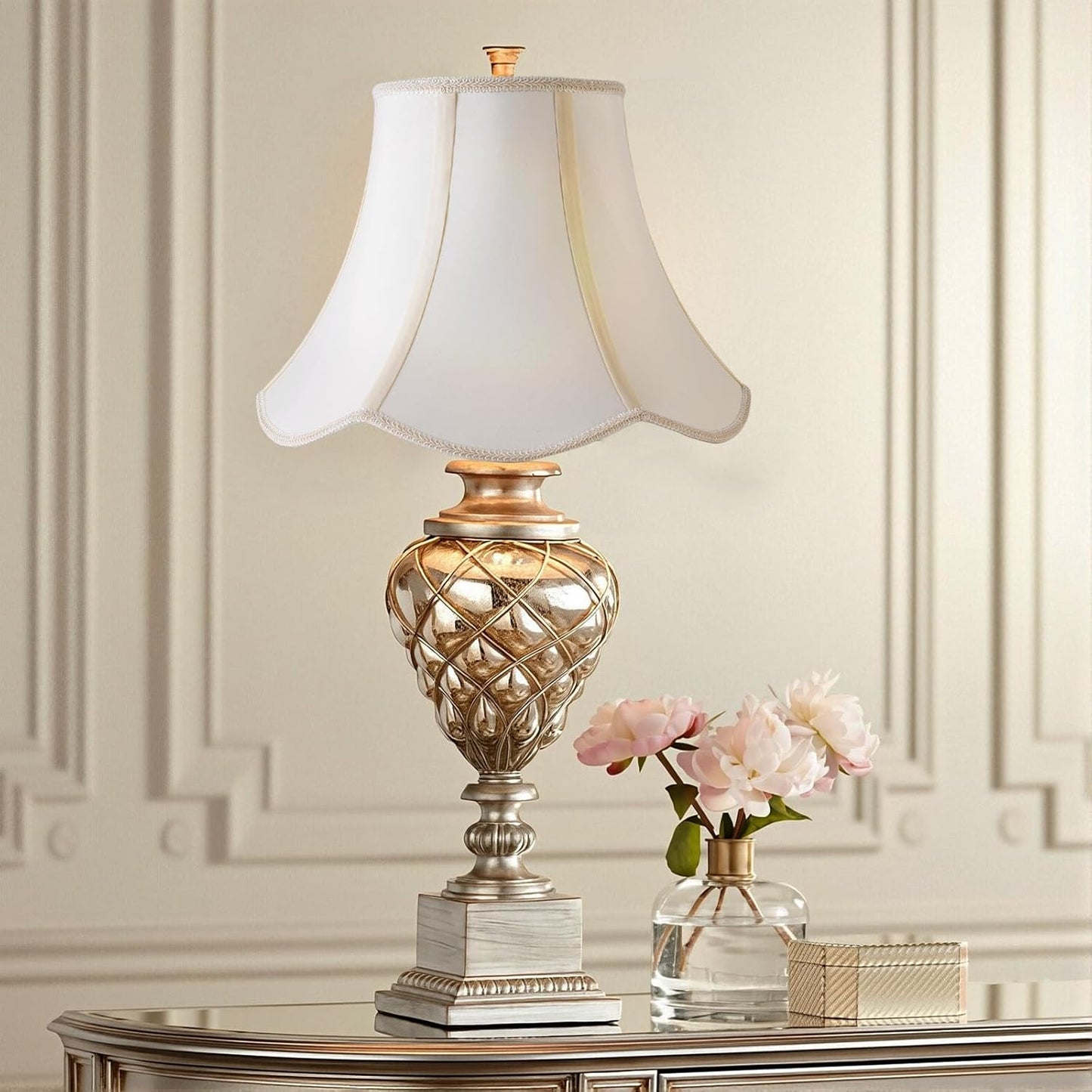 2 Pcs Scalloped Lamp Shades Cream Scallop Lamp Shade 6.7``Top x 13``Bottom x 10``High(Spider) Morden Bell Lampshade for Table & Bedside Lamp - Faux Silk Fabric