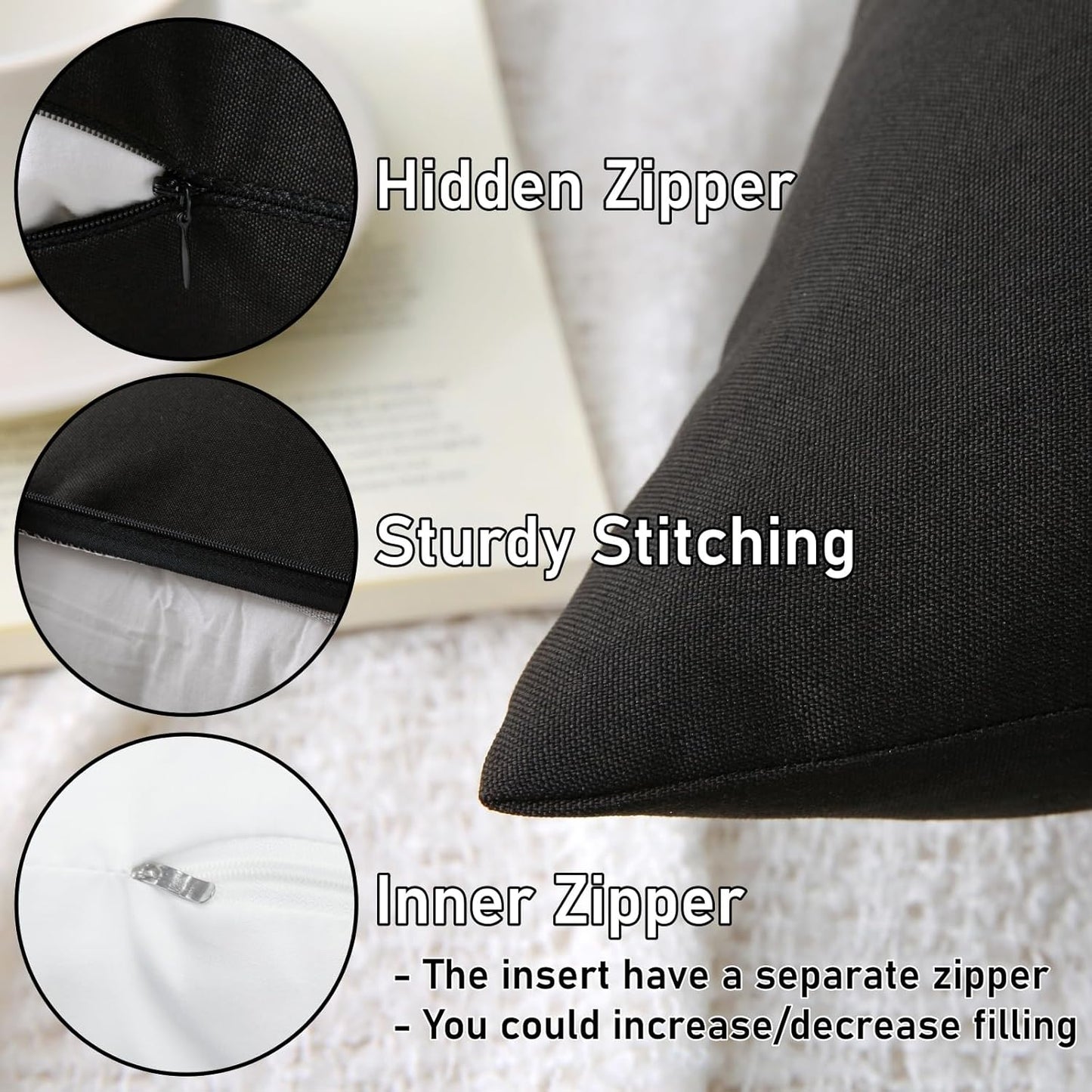 18" x 18" Throw Pillows, Outdoor Waterproof Pillows with Inserts, Square Decorative Pillows for Patio Furniture Garden Couch Sofa Home(Black, Set of 2)