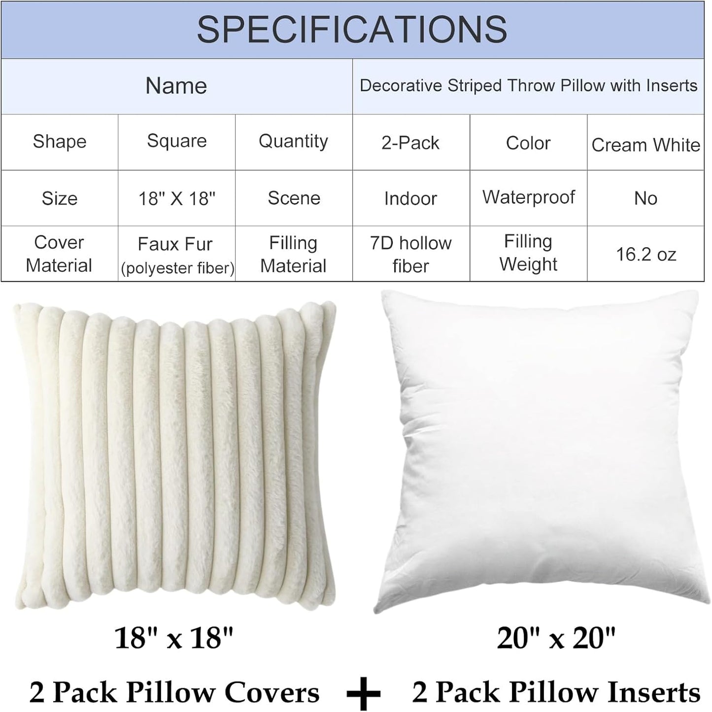 Decorative Throw Pillow with Inserts, Set of 2 Soft Faux Fur Throw Pillows, Square Boho Striped Pillow for Couch, Bed, Sofa Decor(Beige, 18" x 18")