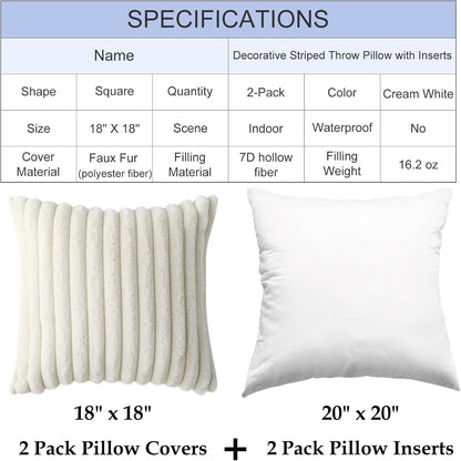 Decorative Throw Pillow with Inserts, Set of 2 Soft Faux Fur Throw Pillows, Square Boho Striped Pillow for Couch, Bed, Sofa Decor(Beige, 18" x 18")