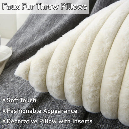 Decorative Throw Pillow with Inserts, Set of 2 Soft Faux Fur Throw Pillows, Square Boho Striped Pillow for Couch, Bed, Sofa Decor(Beige, 18" x 18")