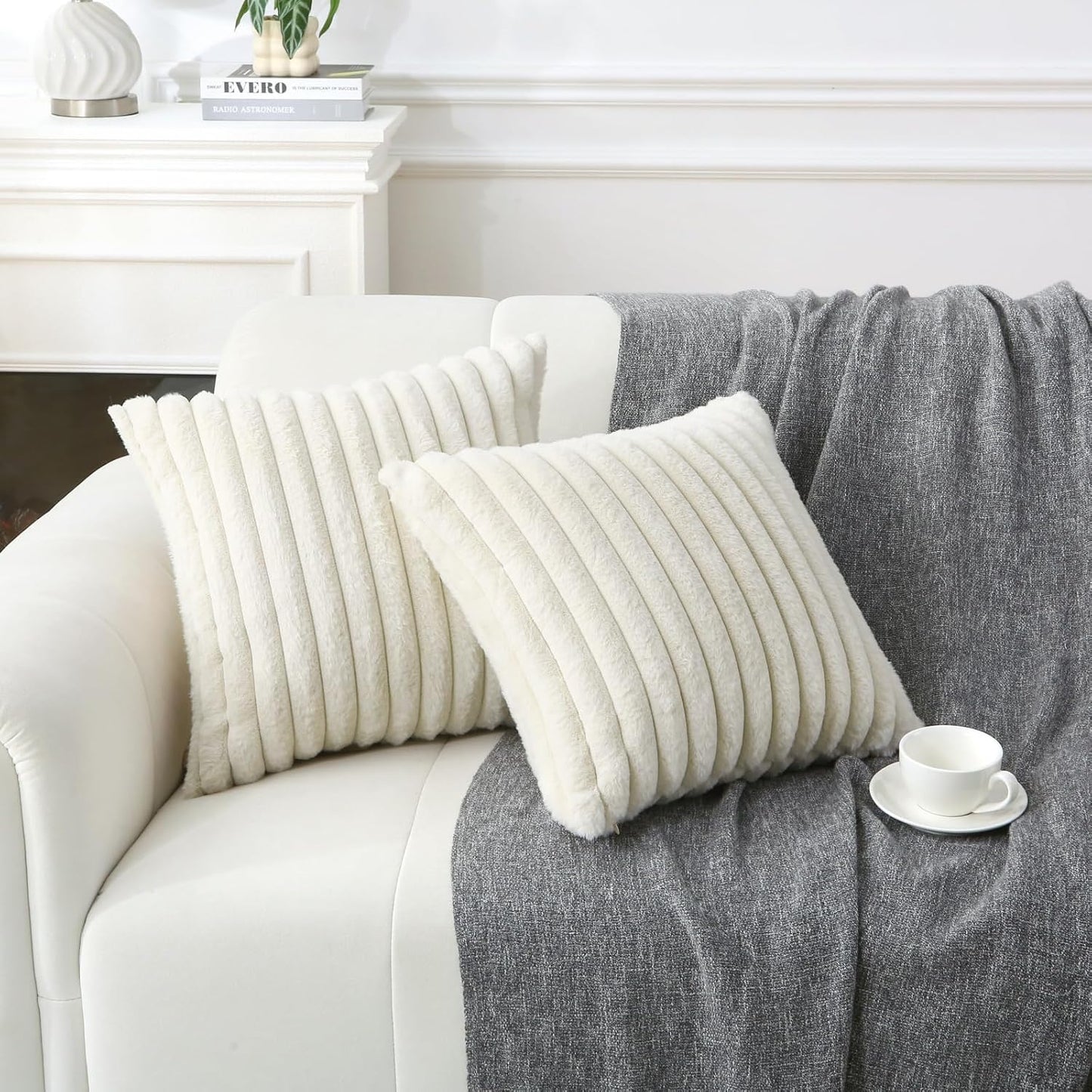 Decorative Throw Pillow with Inserts, Set of 2 Soft Faux Fur Throw Pillows, Square Boho Striped Pillow for Couch, Bed, Sofa Decor(Beige, 18" x 18")