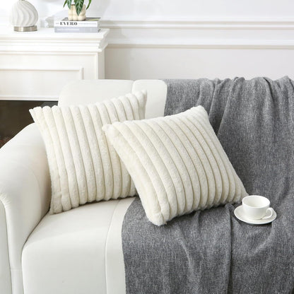 Decorative Throw Pillow with Inserts, Set of 2 Soft Faux Fur Throw Pillows, Square Boho Striped Pillow for Couch, Bed, Sofa Decor(Beige, 18" x 18")