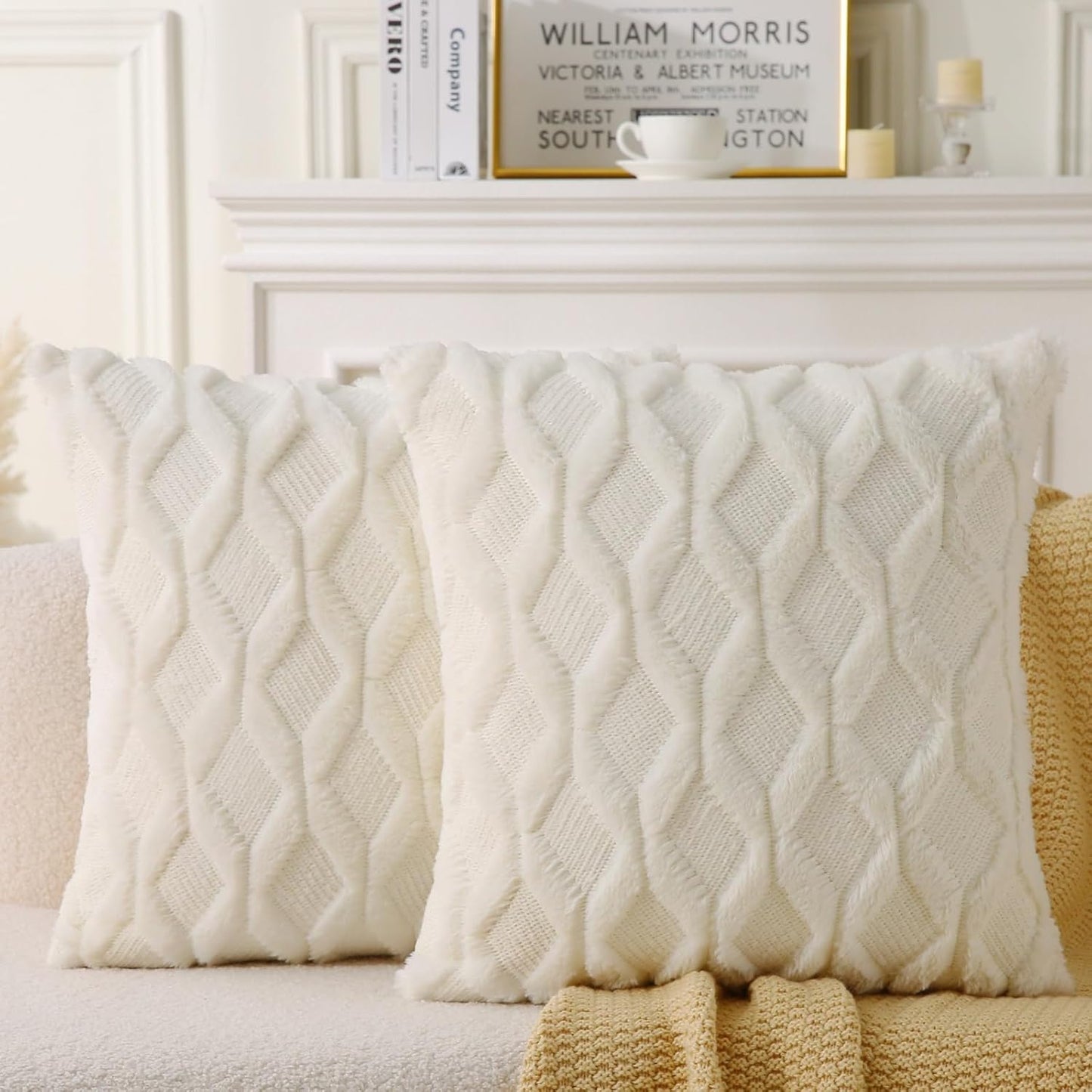 18" x 18" Decorative Throw Pillow with Inserts, Set of 2 Soft Faux Fur Throw Pillows, Square Boho Pillow for Couch, Bed, Sofa Decor, Beige