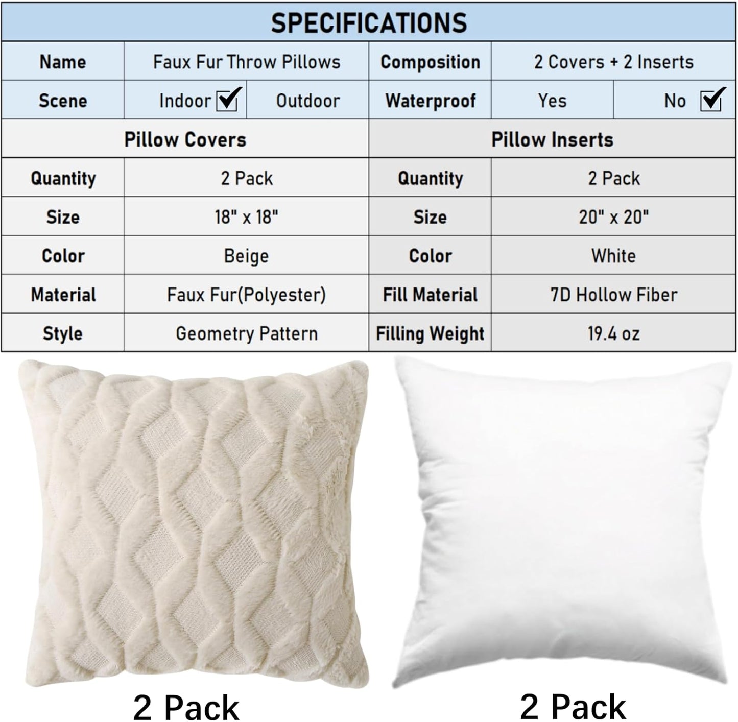 18" x 18" Decorative Throw Pillow with Inserts, Set of 2 Soft Faux Fur Throw Pillows, Square Boho Pillow for Couch, Bed, Sofa Decor, Beige