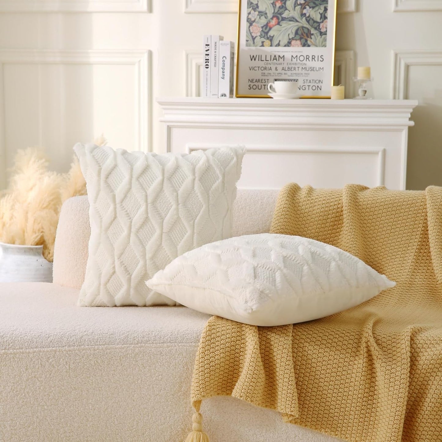 18" x 18" Decorative Throw Pillow with Inserts, Set of 2 Soft Faux Fur Throw Pillows, Square Boho Pillow for Couch, Bed, Sofa Decor, Beige