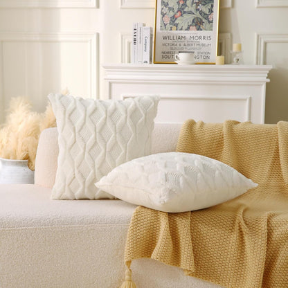 18" x 18" Decorative Throw Pillow with Inserts, Set of 2 Soft Faux Fur Throw Pillows, Square Boho Pillow for Couch, Bed, Sofa Decor, Beige