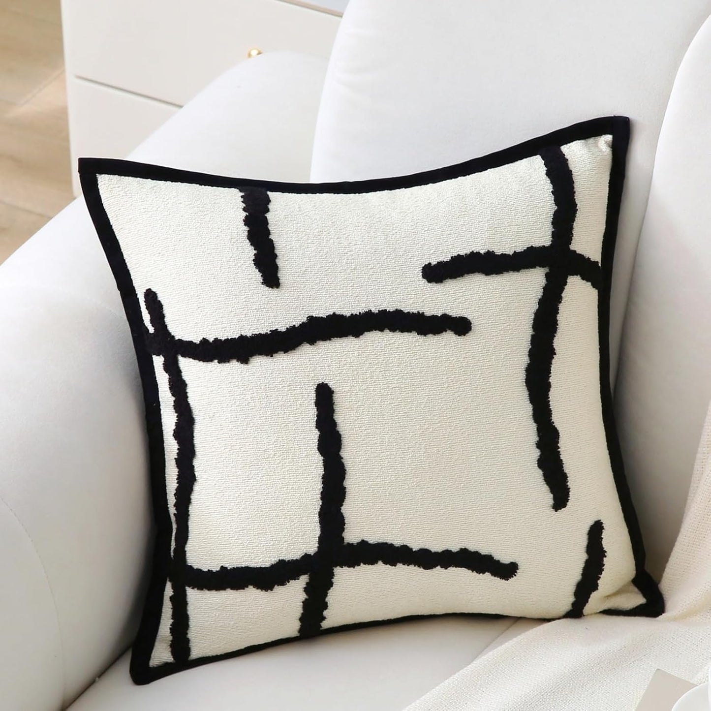 Boho Decorative Throw Pillows with Inserts, 18" x 18" Soft Tufted Modern Chenille Pillow, Pillows for Home, Patio, Couch, Bedroom, Living Room (Black Lines - Cream White Background)