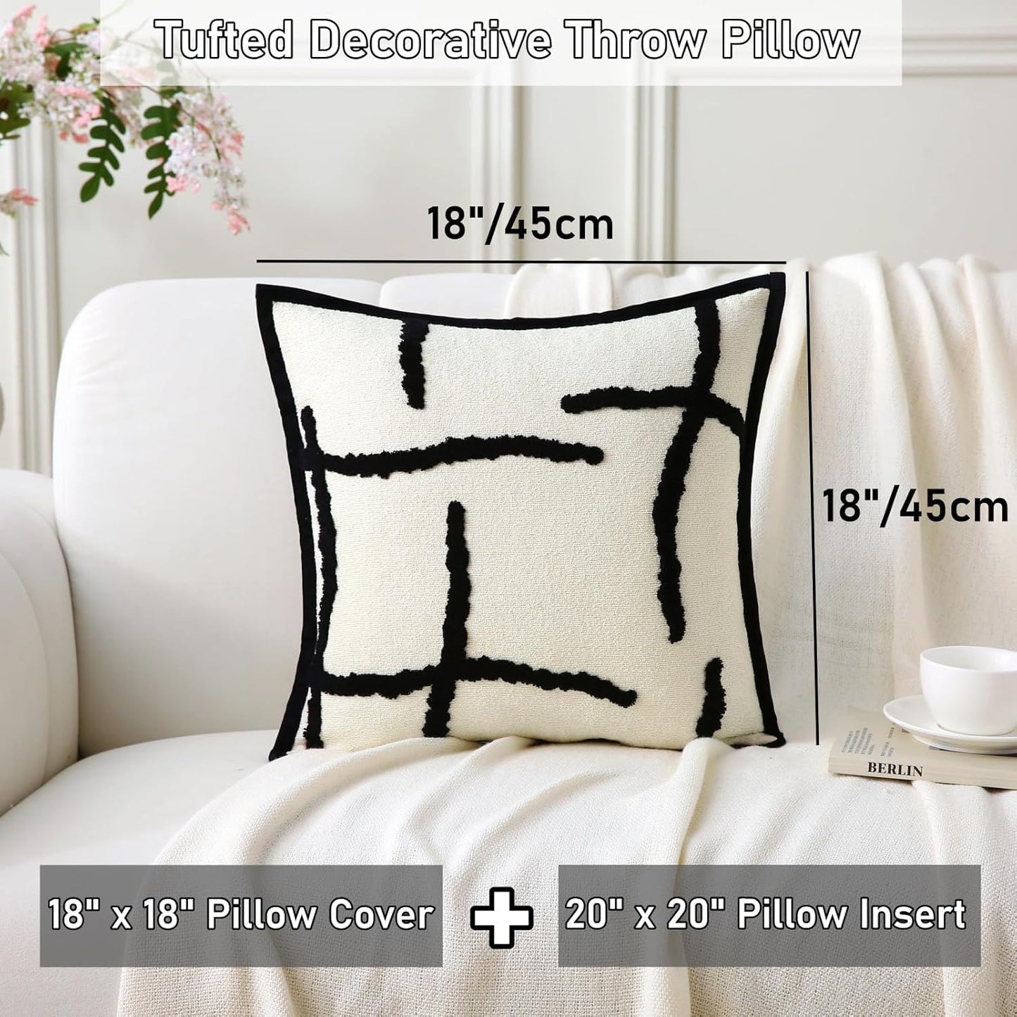 Boho Decorative Throw Pillows with Inserts, 18" x 18" Soft Tufted Modern Chenille Pillow, Pillows for Home, Patio, Couch, Bedroom, Living Room (Black Lines - Cream White Background)