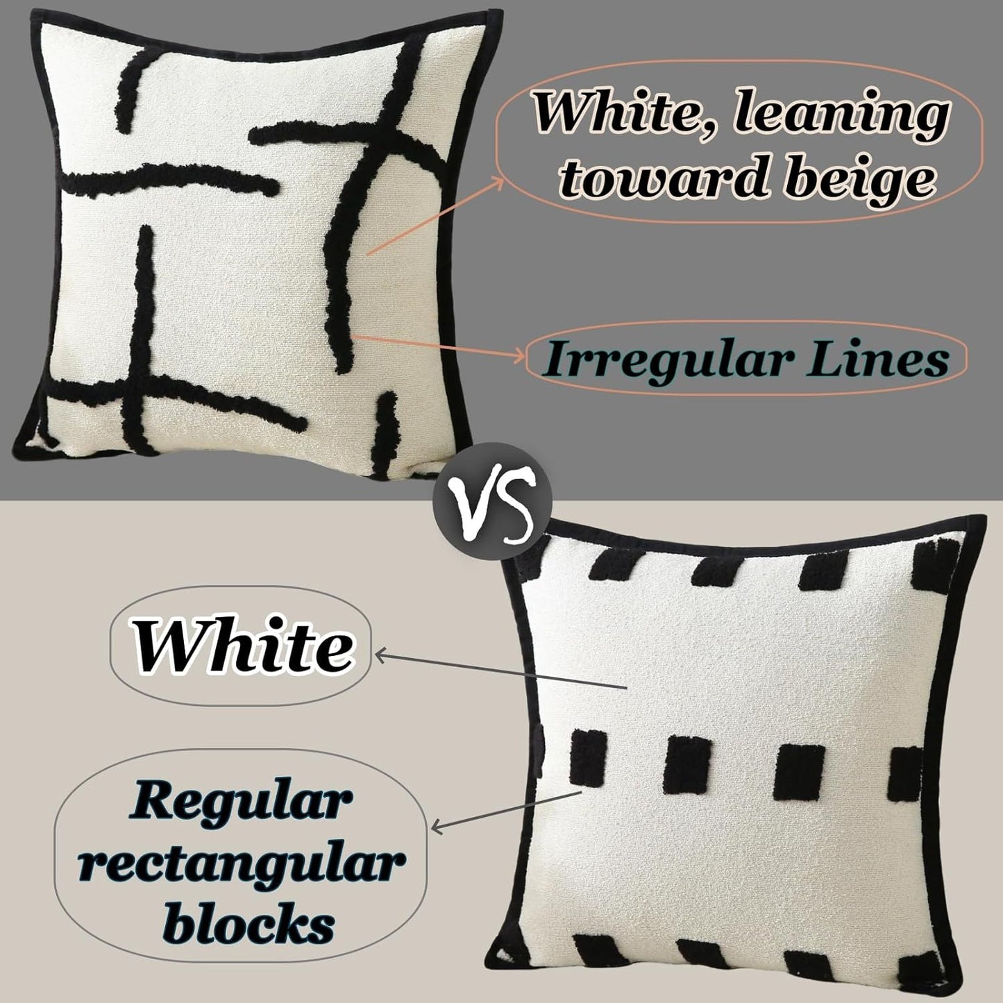 Boho Decorative Throw Pillows with Inserts, 18" x 18" Soft Tufted Modern Chenille Pillow, Pillows for Home, Patio, Couch, Bedroom, Living Room (Black Lines - Cream White Background)