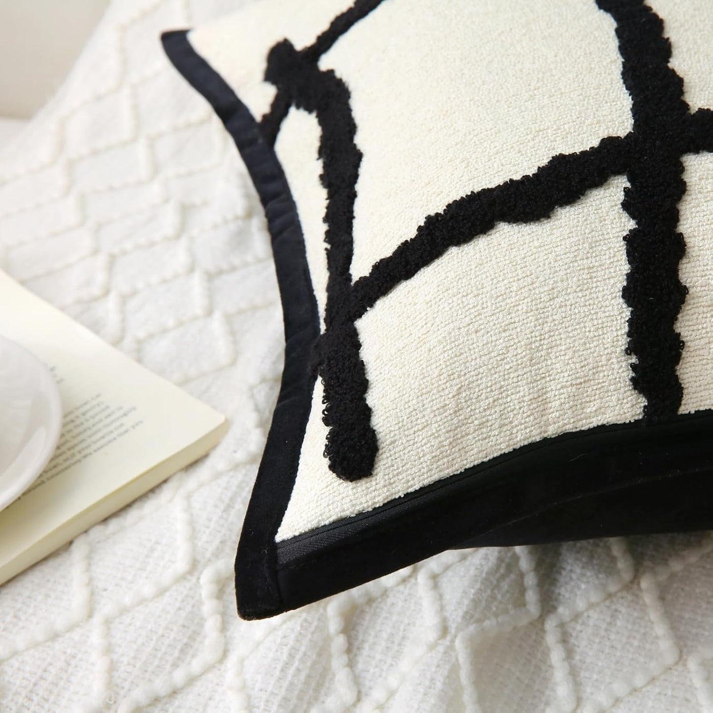 Boho Decorative Throw Pillows with Inserts, 18" x 18" Soft Tufted Modern Chenille Pillow, Pillows for Home, Patio, Couch, Bedroom, Living Room (Black Lines - Cream White Background)