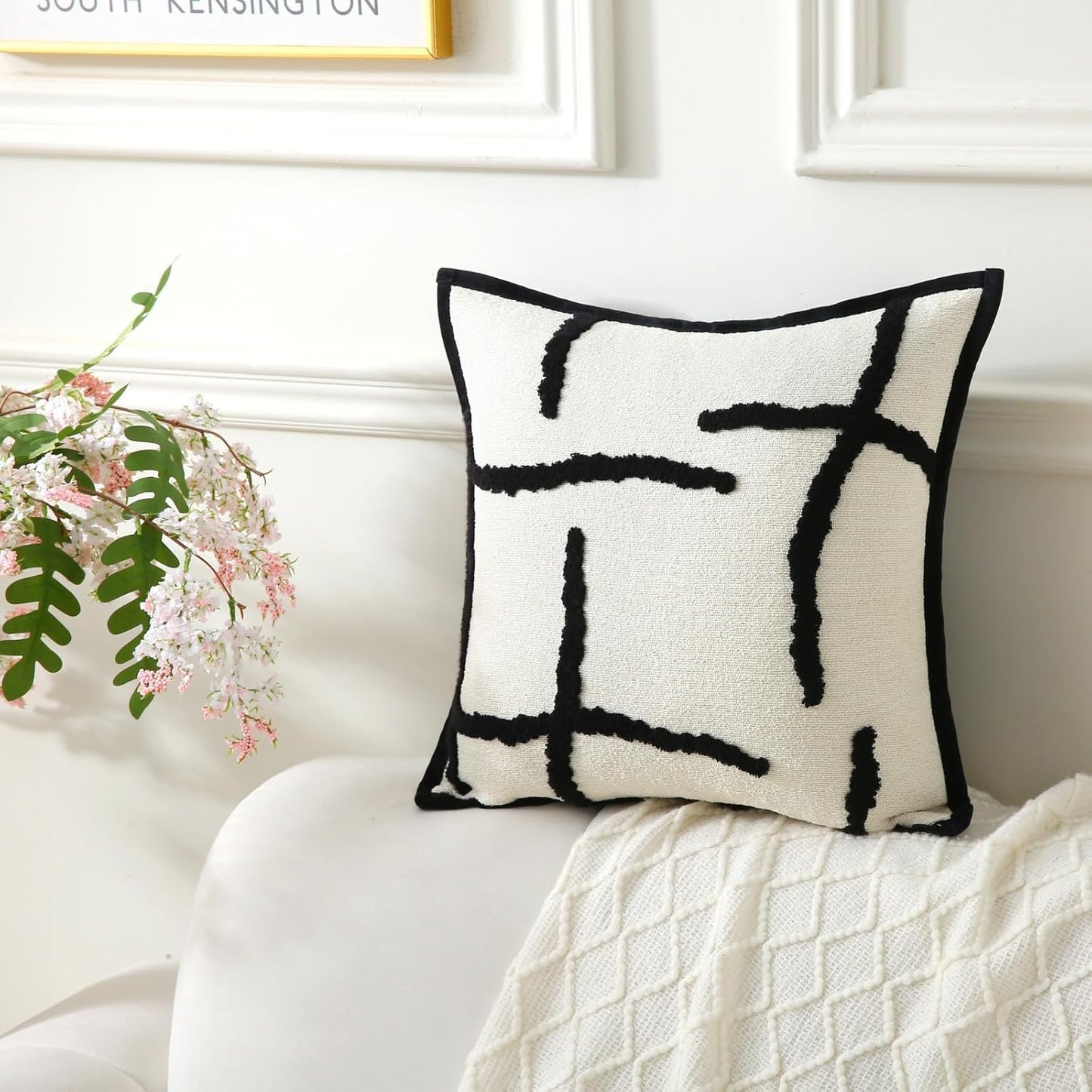 Boho Decorative Throw Pillows with Inserts, 18" x 18" Soft Tufted Modern Chenille Pillow, Pillows for Home, Patio, Couch, Bedroom, Living Room (Black Lines - Cream White Background)
