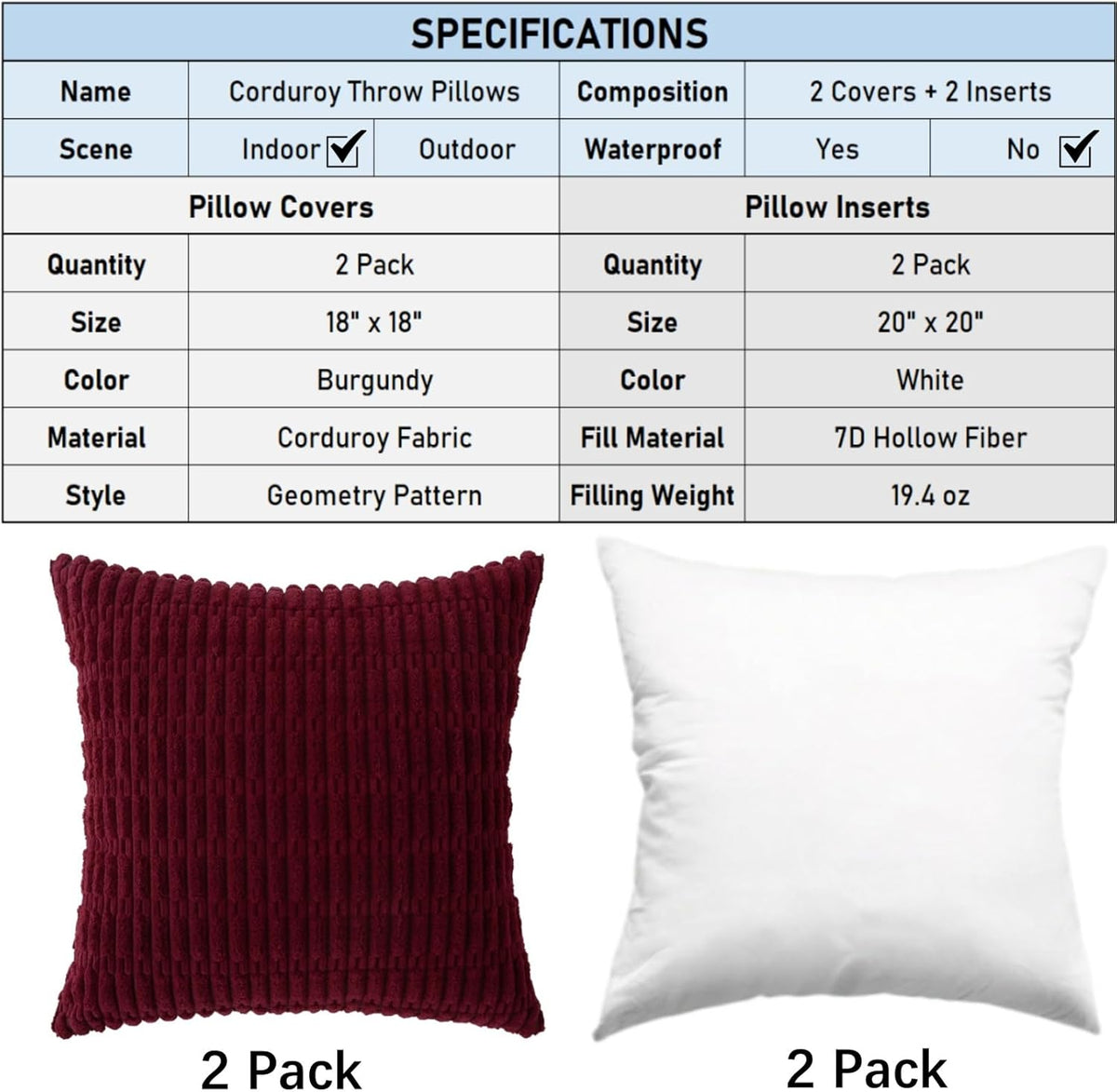 2 Pack Corduroy Decorative Throw Pillow with Inserts, 18x18 Inch Soft Boho Throw Pillow, Square Striped Throw Pillows for Couch, Bed, Sofa Decor (Burgundy)