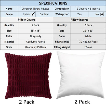 2 Pack Corduroy Decorative Throw Pillow with Inserts, 18x18 Inch Soft Boho Throw Pillow, Square Striped Throw Pillows for Couch, Bed, Sofa Decor (Burgundy)
