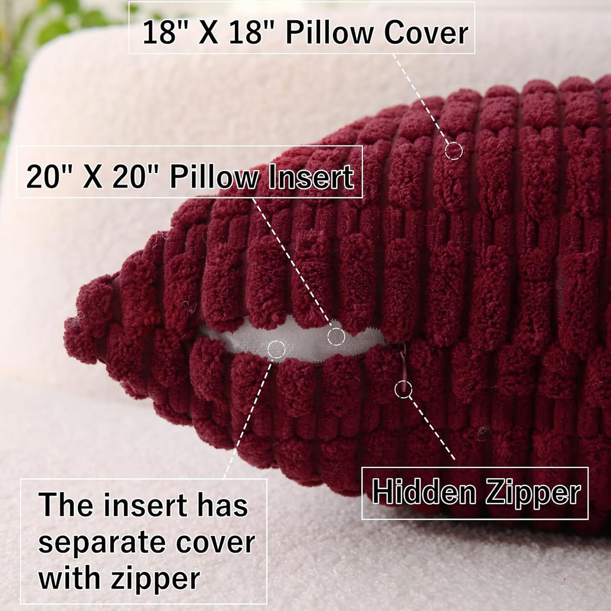 2 Pack Corduroy Decorative Throw Pillow with Inserts, 18x18 Inch Soft Boho Throw Pillow, Square Striped Throw Pillows for Couch, Bed, Sofa Decor (Burgundy)