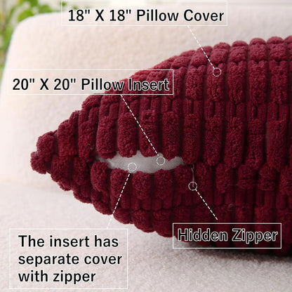 2 Pack Corduroy Decorative Throw Pillow with Inserts, 18x18 Inch Soft Boho Throw Pillow, Square Striped Throw Pillows for Couch, Bed, Sofa Decor (Burgundy)