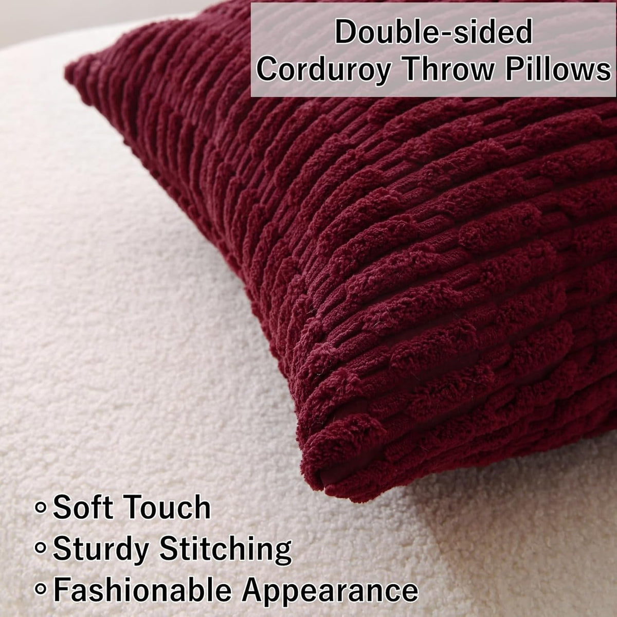 2 Pack Corduroy Decorative Throw Pillow with Inserts, 18x18 Inch Soft Boho Throw Pillow, Square Striped Throw Pillows for Couch, Bed, Sofa Decor (Burgundy)