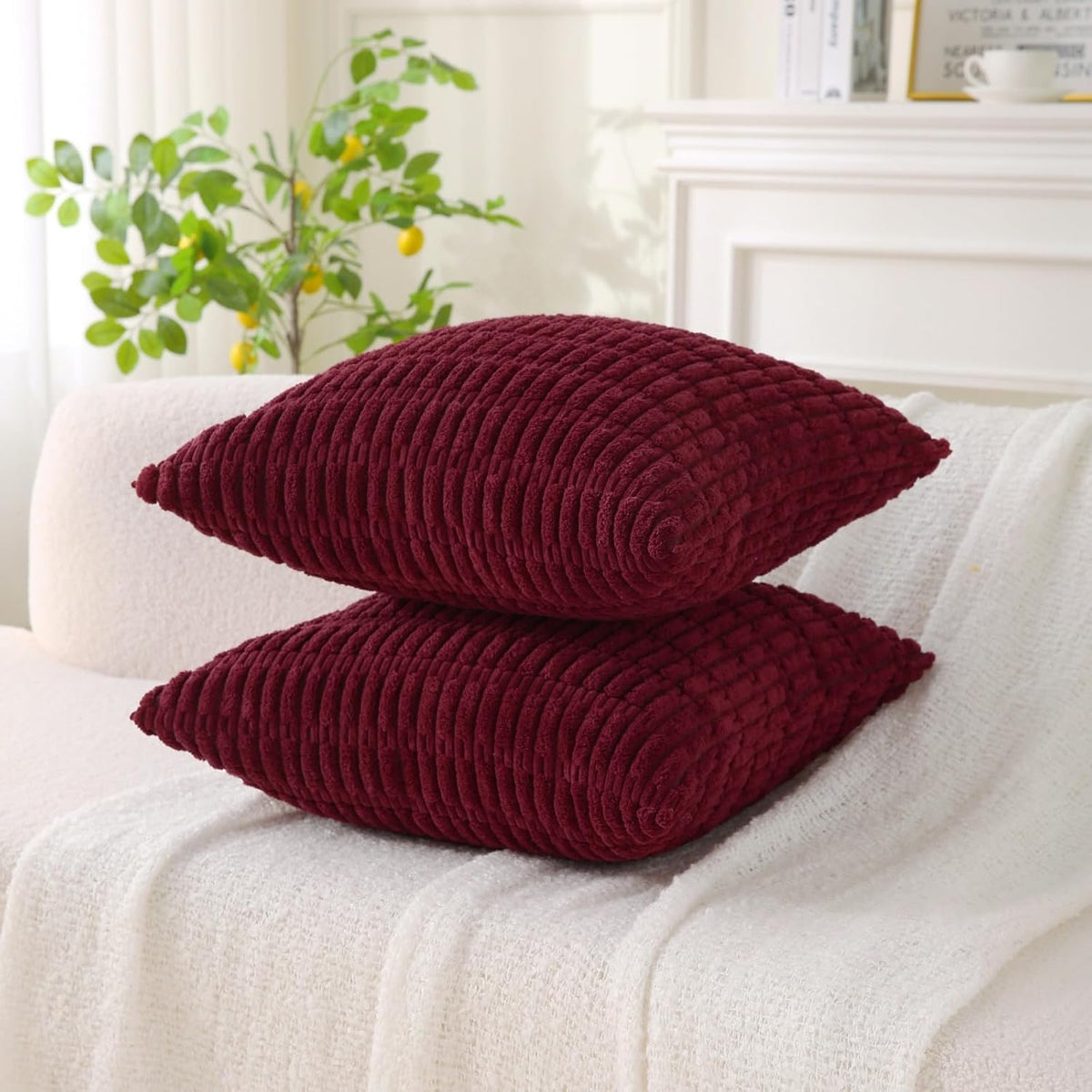 2 Pack Corduroy Decorative Throw Pillow with Inserts, 18x18 Inch Soft Boho Throw Pillow, Square Striped Throw Pillows for Couch, Bed, Sofa Decor (Burgundy)
