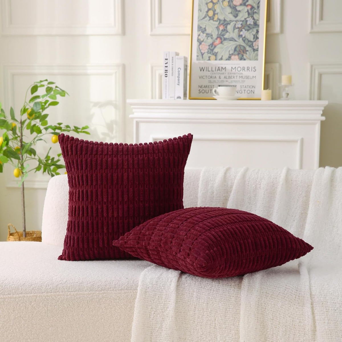 2 Pack Corduroy Decorative Throw Pillow with Inserts, 18x18 Inch Soft Boho Throw Pillow, Square Striped Throw Pillows for Couch, Bed, Sofa Decor (Burgundy)