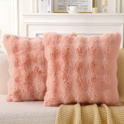 Faux Fur Plush Pillow with Inserts Set of 2, Soft 18" x 18" Decorative Throw Pillows, Square Boho Medium Plaid Pillow for Couch, Bed, Sofa Bedroom Decor (Pink)