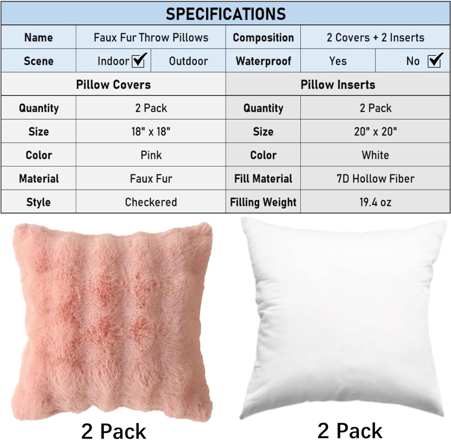 Faux Fur Plush Pillow with Inserts Set of 2, Soft 18" x 18" Decorative Throw Pillows, Square Boho Medium Plaid Pillow for Couch, Bed, Sofa Bedroom Decor (Pink)