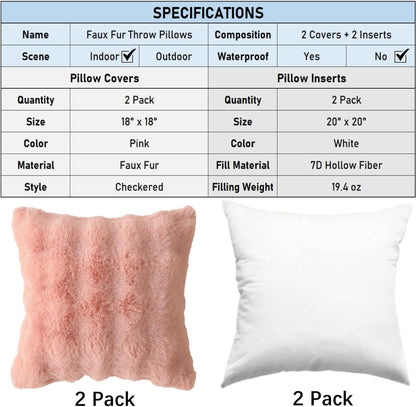 Faux Fur Plush Pillow with Inserts Set of 2, Soft 18" x 18" Decorative Throw Pillows, Square Boho Medium Plaid Pillow for Couch, Bed, Sofa Bedroom Decor (Pink)