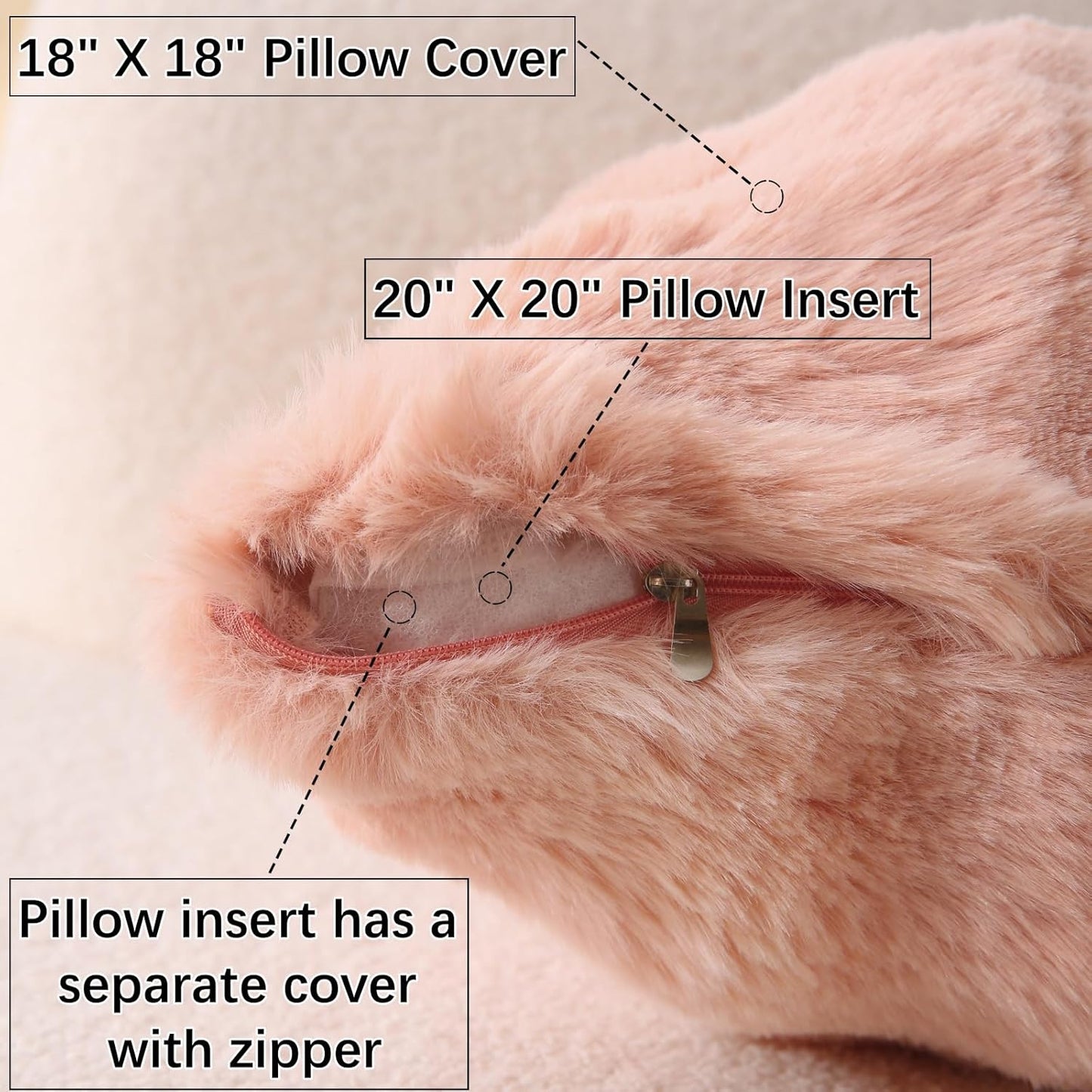 Faux Fur Plush Pillow with Inserts Set of 2, Soft 18" x 18" Decorative Throw Pillows, Square Boho Medium Plaid Pillow for Couch, Bed, Sofa Bedroom Decor (Pink)